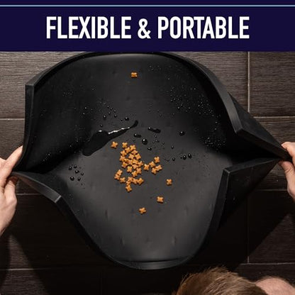 Leash Boss Waterproof Spill Guard Dog & Cat Silicone Dog Food Mat - Non-Slip Raised Edge Dog Bowl Mat - Waterproof Spill Guard Cat Food Tray - 25 x 17 in, Black - color: Black, size: XL - 25" x 17"