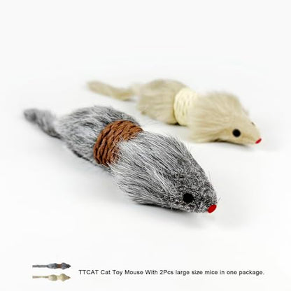 TTcat 2Pcs Cat Mice Toys,Faux Fur Cat Kicker Toys Large Mice with Long Tail Without Catnip, Interactive Catch Play Mouse Toy for Indoor Cats and Kittens.
