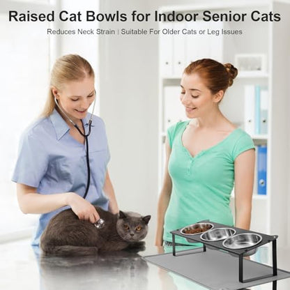 Elevated Cat Bowls with Food Mat, 10°Tilted Non-Slip Raised Cat Food Water Bowls Set, 3 Thick Stainless Steel Pets Dishes with Cute Metal Feeding Stand for Indoor Kitten Puppy, Anti-Vomiting - color: Black-3Bowls