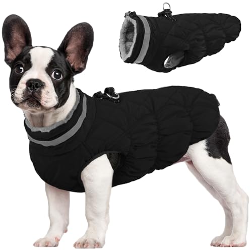 FUAMEY Dog Coat for Small Dogs,Waterproof Dog Winter Jacket with Harness Built in Puppy Cold Weather Coats Reflective Pet Vest with Zipper Warm Fleece Dogs Snowsuit Windproof Solid Black XS - color: Solid Black, size: XS(chest:14in)