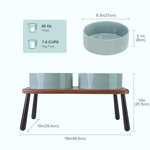 SPUNKYJUNKY Ceramic Elevated Dog Bowls Raised with Acacia Bamboo Wooden Stand, 8.3'' Dog Food Water Bowls Set Non-Slip for Medium Large Sized Breed Microwave Dishwasher Safe - 60 OZ,Light Green - color: Light Green, size: 8.3 in - Dual