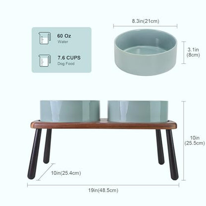 SPUNKYJUNKY Ceramic Elevated Dog Bowls Raised with Acacia Bamboo Wooden Stand, 8.3'' Dog Food Water Bowls Set Non-Slip for Medium Large Sized Breed Microwave Dishwasher Safe - 60 OZ,Light Green - color: Light Green, size: 8.3 in - Dual