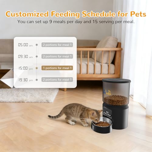 Automatic Cat Feeders, 4L Timed Cat Dry Food Dispenser Auto Pet Feeder for Cats and Small Dogs Dual Power Supply 9 Meals Programmable 1-15 Portion Per Day with Stainless Bowl Easy Clean - color: Black-1