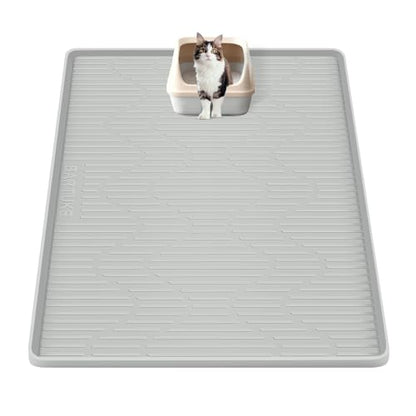 Silicone Cat Litter Mat, 28" x 22" Large Cat Litter Box Mat Litter Trapping Mat for Scatter Control, Waterproof, Soft on Kitty Paws, Clean Floor (Grey) - size: 28"L x 22"W
