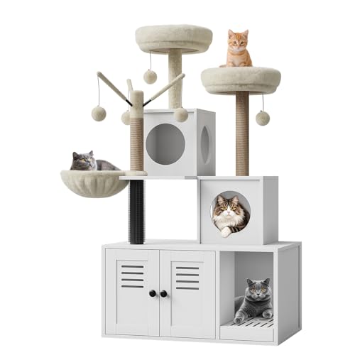 Garvee 53.7-Inch Litter Box Enclosure with Cat Tree, 2-in-1 Modern Large Cat Tower for Indoor Cats with Condo/Hammock/Scratching Post/Plush Perch/Caves, Wooden Hidden Litter Box Furniture, White