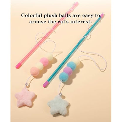2 PCS Cat Wand Toy Interactive Cat String Toys Elastic Rope Plush Ball Star Pendant Cat Feather Toy Cat Stick Toy for Indoor Cat Mice and Animals Toys Pet Supplies