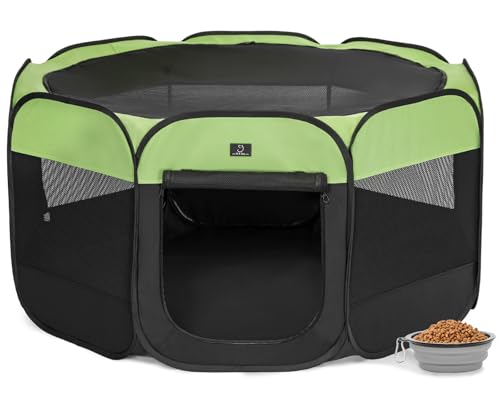 Dog Playpen for Small Dogs & Puppies, 50.39" Portable Indoor Outdoor Puppy Playpen with Bowl, Waterproof Floor, Foldable Pop-Up Pet Pen for Home, Travel & Daily Use, Green+Black - color: Green+Black, size: L(50.39"x50.39"x25")