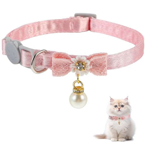 JJUNW Cat Collar Breakaway, Cat Collar with Pearl Pendant Quick Release Safe Buckle Pink Bowtie Adjustable Baby Kitten Collars Cute Cat Collar for Girl Cat (Style2)