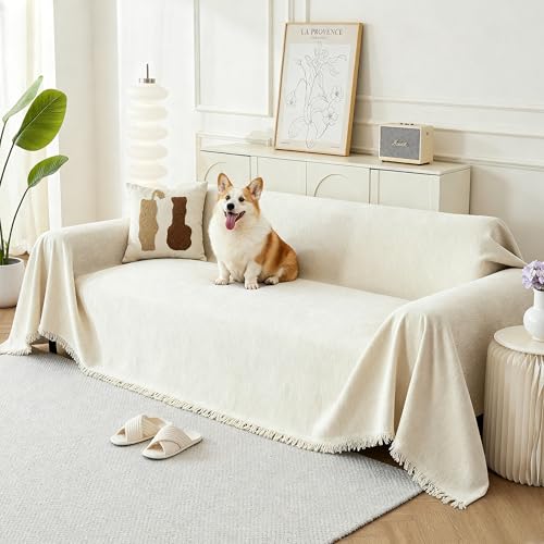 Couch Cover for Dogs, Boho Sofa Covers for 3 Cushion Couch, Chenille Sofa Slipcover for Pets Washable, L-Shape Sectional Couch Loveseat Cover Soft Throw Blankets with Tassels(71x118,Cream) - color: Cream, size: 71*118 inch
