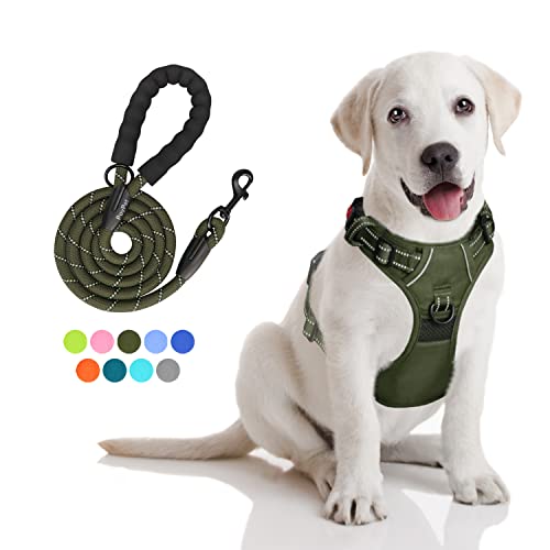 PoyPet No Pull Dog Harness and 5 Feet Leash Set, Release on Neck Reflective Adjustable Pet Vest, Front & Back 2 D-Ring and Soft Padded Pet Harness with Handle for Small to Large Dogs(Military Green,M) - color: Military Green, size: Medium