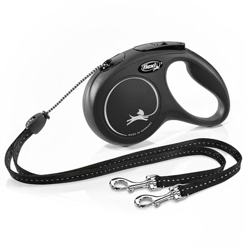 FLEXI New Classic Cord Retractable Double Dog Leash for Small Dogs Upto 18 lbs. – 16 ft., Black | Tangle Free Pet Walking Leash with One-Handed Brake, Pause, Lock