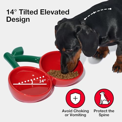 VETRESKA Ceramic Pet Bowl Tilted Design Pet Feeder for Food and Water Anti Vomit Cat Bowls for Indoor Cats Cute Cherry Cat Bowl Dishwasher Safe - color: Cherry Bowl