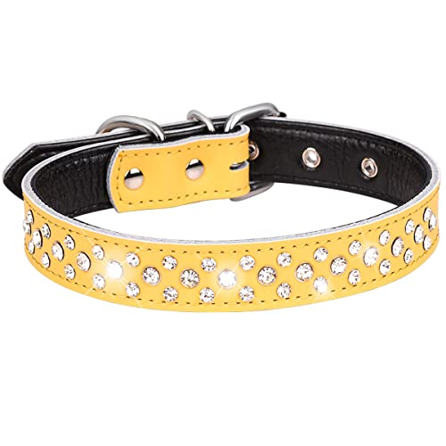 Rhinestones Dog Collar, Adjustable Sparkly Crystal Studded Genuine Leather Pet Dog Collar for Small and Medium Dogs (Yellow, M) - color: Yellow, size: Medium