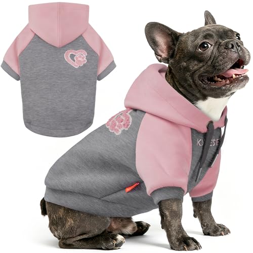 KYEESE Dog Hoodie Stretchy Warm Pet Clothes Pet Sweatshirt with Drawstring Comfort Cat Sweater Soft Dog Clothes for Small Dogs Cat Coat with Leash Hole Dogs Winter Coat for Cold Weather - color: 1#Grey Pink, size: Medium (9-14lbs)