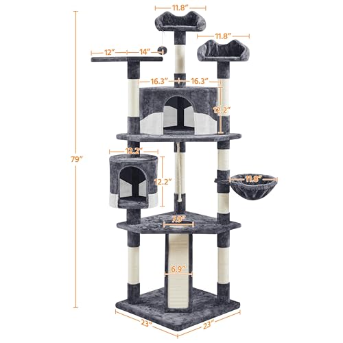 Yaheetech 79in Multi-Level Cat Trees Indoor Cat Tower with Sisal-Covered Scratching Posts, Plush Perches and Condo for Kittens, Cats and Pets - Dark Gray and White - color: Dark Gray and White