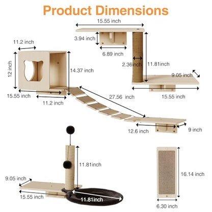 Cat Wall Shelves, Modern Wall-Mounted Cat Furniture Includes House, Bridge, Steps, Scratcher, Perch & Lounge for Indoor Cats, Space-Saving Wall Mounted Cat Shelves for Play & Rest - size: 6-in-1 Cat Shelves