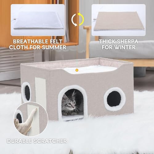 Cat House for Indoor Cats – Foldable Cat Cave & Covered Cat Bed, Cozy Hideaway for Small Pets and Large Cats (23.6"x16"x12.8"),Beige - style: Beige
