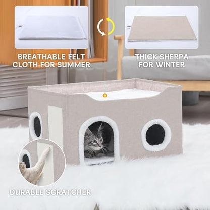 Cat House for Indoor Cats – Foldable Cat Cave & Covered Cat Bed, Cozy Hideaway for Small Pets and Large Cats (23.6"x16"x12.8"),Beige - style: Beige