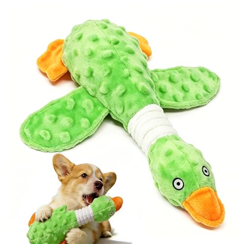 Squeaky Dog Toys for Aggressive Chewers, Durable Stuffed Animal Plush Dog Toy with Soft Fabric for Large, Medium & Small Dogs, Interactive Puppy Chew Toy for Teething, Crinkle Duck Dog Toy - Green - color: GREEN