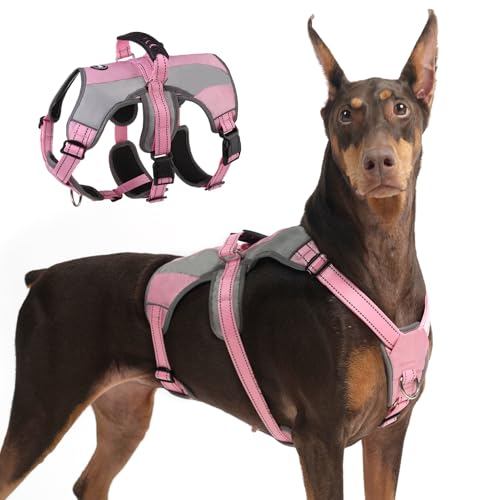 Dog Harness for Large Dogs, Escape Proof No Pull Service Vest with Reflective Strips and Control Handle, Adjustable and Cozy for Easy Walking, No Choke Pet Harness with 2 Metal Rings, Pink L - color: Pink, size: Large