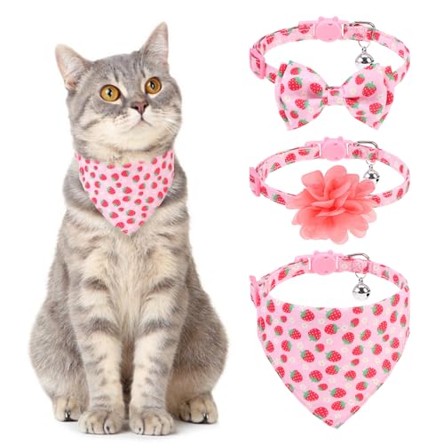 Breakaway Cat Collars with Bell & Cute Pendants - 3 Pack Adjustable Safety Kitten Collars - Decoration for Girl Boy Cats Puppy and Small Pets (Style C - Strawberry) - color: Style C - Strawberry
