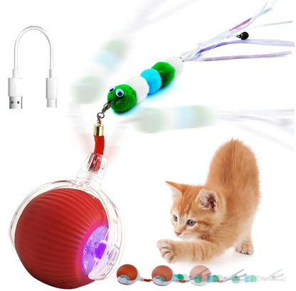 Newly Interactive Cat Toy Ball with Funny Tail and Bell-Automatic Movement for Indoor Cats, 3 Speeds Rechargeable Cat Entertainment Toys for All Cats to Keep Them Curious (Red)