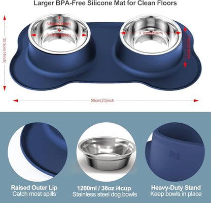 Dog Food Bowls Stainless Steel Dog Bowls, Food Water Bowl Set with No Spill Non-Skid Silicone Mat, Dog Dish Double Pet Feeder Bowls for Small Medium Sized Large Dogs Cats Puppy, Blue - color: BLUE, size: 4¾ Cup/38 oz each