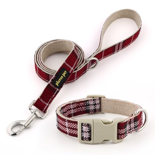 Plutus Pet Cotton Hemp Dog Collar and Leash Set, Adjustable Collar for Small, Medium, and Large Dogs, Heavy Duty and Soft on Skin, Red Plaid, XS - color: Red Plaid, size: X-Small