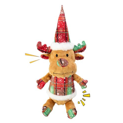 Christmas Dog Toy Squeaky Interactive Dog Toys Puppy Teething Chew Toy Deer Shape Stuffed PP Cotton Crinkle Sound Paper Tail, for Large Medium Small Breeds， Indoor Outdoor Play