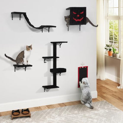 5 Pcs Wall-Mounted Climber Set, Wood Indoor with Shelves and Perches, Ladder, Condo House, Scratching Board and Tree, Wall Shelves Furniture for Cats (Black&Red) - color: Black&Red