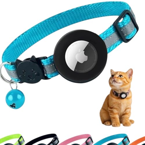 AirTag Cat Collar with AirTag Holder, Breakaway Reflective Cat Tracker Collar with Bell by AmazeGoods - color: Light blue
