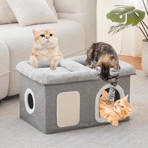 WINDRACING Cat Beds for Indoor Cats - Extra Wide Cats House for Pet and Foldable Kitten Cave Bed with Scratch Pad, Cat Hideaway Condo for Kitten, 23.4x15.9x13.2 inches, Light Grey - color: Light Grey, size: 23.4x15.9x13.2