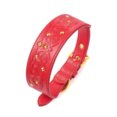 Blueberry Pet Premium Embossed Red Glam Silver-Powered Freshness Microfiber Leather Dog Collar with Gold Studs - color: Red, size: Medium