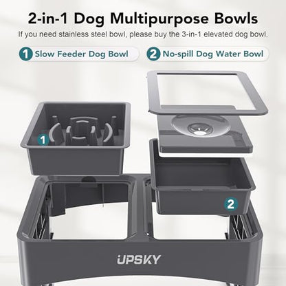 UPSKY 2-in-1 Elevated Dog Bowls Slow Feeder, 4 Height Adjustable Raised Bowl Stand, No Spill Dog Water Bowls, Anti-Slip Food and Water Bowls for Small Medium Dogs(Not Include Stainless Steel Bowl) - color: A-Water Bowl+Slow Feeder (Grey)