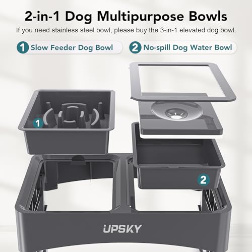 UPSKY 2-in-1 Elevated Dog Bowls Slow Feeder, 4 Height Adjustable Raised Bowl Stand, No Spill Dog Water Bowls, Anti-Slip Food and Water Bowls for Small Medium Dogs(Not Include Stainless Steel Bowl) - color: A-Water Bowl+Slow Feeder (Grey)