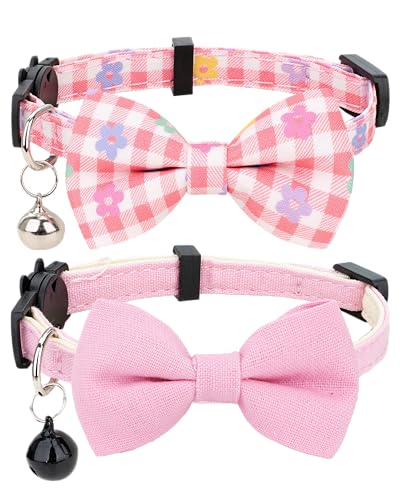 Cat Collar with Bow Tie Bell Breakaway Bowtie 2pcs Set Spring Plaid Flower Floral Solid Boy Girl Cute Kitten Safety B [Plaid & Solid] Pink - color: B [Plaid & Solid] Pink