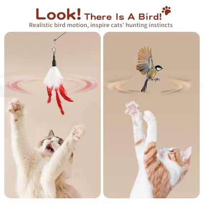 Pawaboo Feather Teaser Cat Toy - Interactive Wand with Extra Long 34.5" Wand and Small Bell, Exerciser Playing Toy for Kittens or Cats, Wine Red & White Feather - color: Wine Red & White