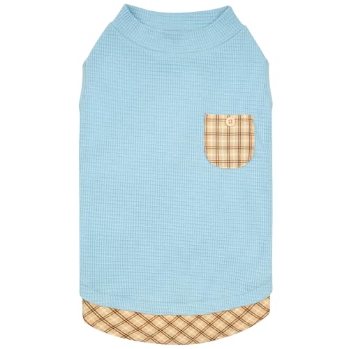 KYEESE Waffle Dog Shirt, Blue, L-Chest(18), Soft Stretchy, Lightweight, Breathable, Sleeveless, Plaid Patchwork, Small Breeds, Round Neck - color: 2#Blue, size: Large (12-18lbs)