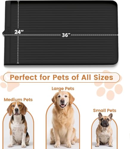 Dog Food Mat 36"x24", Waterproof Pet Feeding Mat with Diversion Grooves and Raised Edges, Large Non-Slip Dog Bowl Mat for Food and Water, Cat Food Mat for Floors, Easy to Clean, Black - color: Black