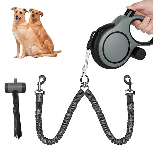 Dual Retractable Dog Leash 2 Large Dogs (Up to 110 Lbs Each), 2 Headed Pet Leash with Poop Bags, 16ft Extension, Non-Slip Grip, One-Button Break & Lock, 360-degree Tangle-Free (Gray, Large) - color: Gray, size: Large