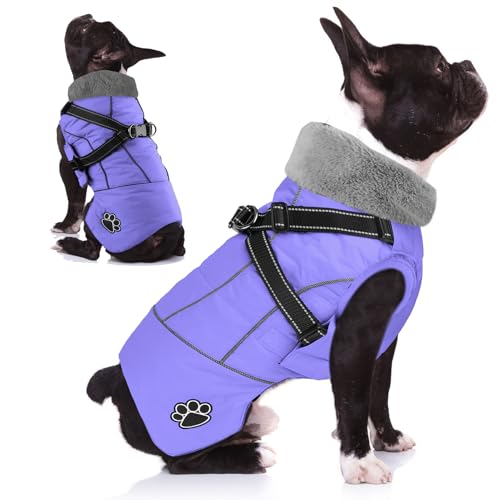 Dog Coat with Harness, Reflective Warm Dog Jacket Waterproof Puppy Winter Coat for Cold Weather, Adjustable Fleece Jacket for Small Medium Large Dogs - color: Light Purple, size: Small
