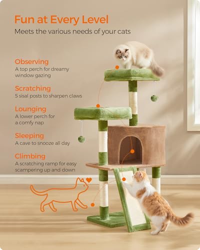 Feandrea Cat Tree, 45.3-Inch Cat Tower, Plush Condo with Scratching Post, Ramp, Perch, Spacious Cave, for Small Space, Grass Green and Camel Brown UPCT141CB03 - color: Grass Green + Camel Brown