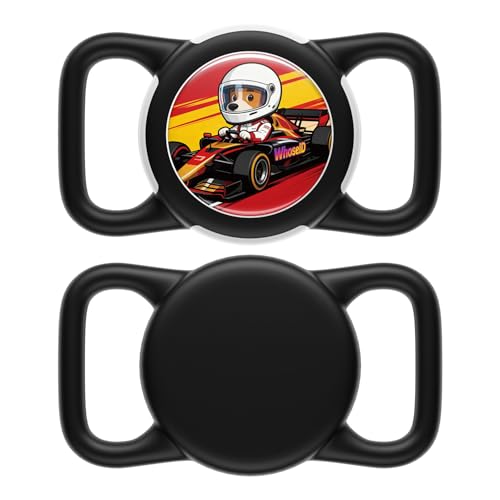 Dog AirTag Holder for Dog Collar, Soft Silicone Slide-On Case for Apple AirTag, No-Dangle Quiet Protective Holder with Eye-Catching Pet Character Designs, Black-Racecar Driver - color: Black-Racecar Driver, size: Regular