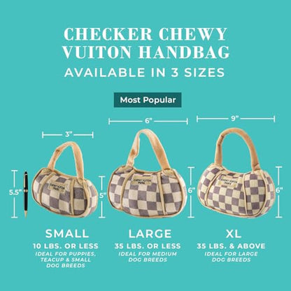 Haute Diggity Dog Chewy Vuiton Handbag Plush Squeaky Dog Toy, Soft Durable Designer-Inspired Stuffed Puppy Chew Toys for Small & Medium Dogs, Machine-Washable (Tan Checker) Small - color: Brown Handbag, size: Small