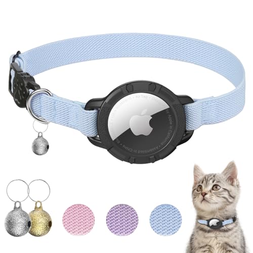 AirTag Cat Collars, Stretchy Collar with Apple AirTag Holder and Bell, Breakaway Ultra Design Elastic GPS Tracking Collars for Cats and Puppies, (7.5-12.5 Inch), Blue - color: Blue