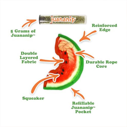 Doggijuana Mini Doggi Duo Refillable Juananip Toy Bundle | Watermelon Slice & Juananip | Funny Dog Toy Plush with Catnip and Refill | Interactive Chew for Play - style: Watermelon Slice & Juananip