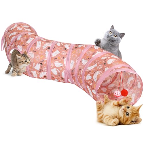 Pawaboo Cat Tunnel, S-Shaped Cat Tube Tunnel 25 * 97cm(9.8''*38.2'') with Balls and Bells, Collapsible Portable Kitten Play Tent Toy Interactive Cats House with Peep Holes for Kitty, Pink Kitties - color: Pink Kitties, size: S Way
