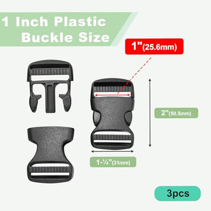 3pcs 1" Inner Dia. Plastic Buckles for Strap Replacement, Quick Side Release Buckles Outdoor Camping Backpack Clips for Dog Collar Nylon Webbing Belt Clip Dual Adjustable - color: B#: 1"(3pcs)