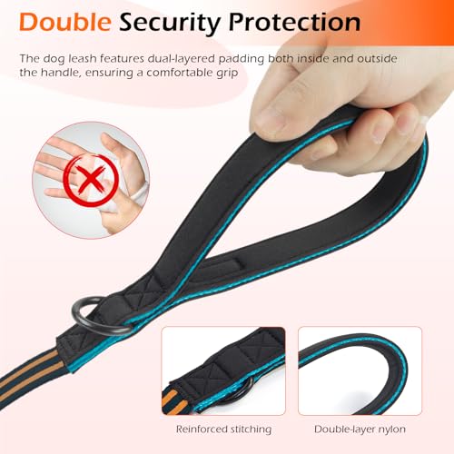 Double Handle Dog Leash for Large Dogs, Heavy Duty Adjustable Leash with Soft Padded Handles, Traffic Control Training Lead for Walking, Running (Blue & Orange Stripe, 4 ft)