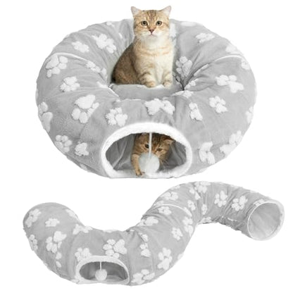 Cat Tunnel Bed for Indoor Cats- Cute Cat Dount Play Tunnel, Soft Plush Peekaboo Kitten Cave with Washable Cushion, Collapsible Multifunctional Round Pet Playground Toys for Kitty Small Puppy Rabbit - color: Gray Paw